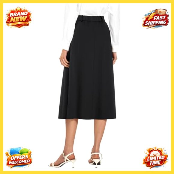 High Waisted Midi Skirt A-Line Pleated Elegant Business Casual Chic - Picture 5 of 8